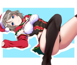 1girl alternate_hairstyle belt blue_eyes breasts brown_hair cape christmas fur_trim hair_bun hat leotard love_live! love_live!_sunshine!! santa_costume santa_hat short_hair skirt thighs watanabe_you wavy_hair