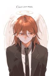Rule 34 | 1boy, androgynous, angel devil (chainsaw man), angel wings, black jacket, black suit, brown eyes, brown hair, chainsaw man, collared shirt, eyebrows, eyelashes, feathers, formal, hair between eyes, halo, jacket, long hair, looking to the side, necktie, nnse 7, shirt, shueisha, solo, suit, white background, white shirt, wings