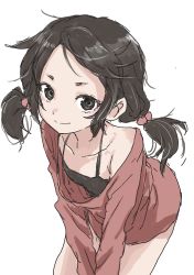 Rule 34 | 1girl, absurdres, black eyes, black hair, black shirt, breasts, closed mouth, cowboy shot, hair bobbles, hair ornament, highres, leaning forward, long sleeves, looking at viewer, red sweater, shirt, simple background, small breasts, smile, solo, twintails, white background, yamamoto souichirou