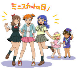 Rule 34 | 2boys, 3girls, :d, ;), alternate costume, ash ketchum, black skirt, blue eyes, blue hair, blue hat, blue jacket, blue skirt, blush, bow, brock (pokemon), brown footwear, brown hair, clothes lift, cosplay, creatures (company), crossdressing, dawn (pokemon), dress shirt, embarrassed, full body, game freak, gintarou (puipuiginta), gloves, grey neckwear, grey sailor collar, grey skirt, hair bow, hair ornament, hairclip, hand on another&#039;s shoulder, hat, jacket, leg up, lifted by self, loafers, long hair, looking at viewer, may (pokemon), miniskirt, misty (pokemon), multiple boys, multiple girls, neck ribbon, nintendo, one eye closed, one side up, open clothes, open jacket, open mouth, orange hair, pencil skirt, pink scrunchie, pink skirt, pleated skirt, pokemon, pokemon (anime), pokemon (classic anime), pokemon dppt (anime), pokemon rse (anime), police, police hat, police uniform, policewoman, red bow, red ribbon, ribbon, sailor collar, school uniform, scrunchie, serafuku, shirt, shoes, short sleeves, side slit, skirt, skirt lift, smile, sneakers, socks, spiked hair, standing, standing on one leg, striped, sweatdrop, uniform, vertical stripes, white gloves, white legwear, white shirt, wrist scrunchie, yellow shirt