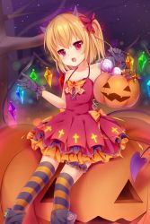 Rule 34 | 1girl, :d, alternate costume, amashiro natsuki, bad id, bad pixiv id, basket, black gloves, blonde hair, bow, bridal garter, candy, collarbone, demon horns, demon tail, dress, fang, flandre scarlet, food, frills, gloves, hair bow, hair ribbon, halloween, highres, holding, horns, jack-o&#039;-lantern, lollipop, looking at viewer, nachi, one side up, open mouth, red dress, red eyes, ribbon, sitting, smile, solo, striped clothes, striped thighhighs, tail, thighhighs, touhou, wings, zettai ryouiki