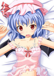 Rule 34 | 1girl, bat wings, blue hair, bra, breasts, camisole, cleavage, fang, female focus, hat, hat ribbon, highres, lingerie, lying, navel, neats, on back, open mouth, red eyes, remilia scarlet, ribbon, see-through, short hair, small breasts, solo, touhou, underwear, underwear only, upper body, wings