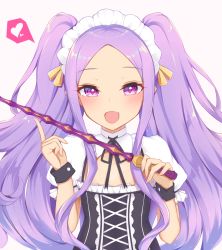 Rule 34 | 1girl, black dress, black ribbon, blush, breasts, cleavage cutout, clothing cutout, cross-laced clothes, dress, fang, fate/grand order, fate (series), forehead, hair ribbon, heart, index finger raised, long hair, looking at viewer, maid headdress, meuneyu, neck ribbon, open mouth, parted bangs, puffy short sleeves, puffy sleeves, purple eyes, purple hair, ribbon, short sleeves, simple background, small breasts, smile, solo, spoken heart, twintails, weapon, white background, wrist cuffs, wu zetian (fate), yellow ribbon