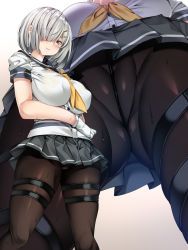 Rule 34 | 1girl, black pantyhose, black sailor collar, black skirt, blunt bangs, blush, bra, bra visible through clothes, breasts, cameltoe, cleft of venus, close-up, closed mouth, commentary request, covered erect nipples, embarrassed, from below, gloves, gradient background, grey eyes, grey hair, hair ornament, hair over eyes, hairclip, hamakaze (kancolle), highres, impossible clothes, kantai collection, large breasts, long bangs, mtu virus, multiple views, no panties, panties, panties under pantyhose, pantyhose, pleated skirt, sailor collar, school uniform, serafuku, shirt, short hair, short sleeves, simple background, skirt, standing, sweat, thigh strap, torisan, underwear, upskirt, white gloves, white shirt, yellow bra, yellow neckwear, zoom layer