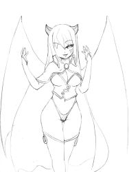 Rule 34 | 1girl, alma elma, breasts, camel (dansen), cameltoe, cleavage, demon girl, facial mark, female focus, groin, horns, looking at viewer, mon-musu quest!, monochrome, navel, simple background, solo, thigh gap, thighs, wings