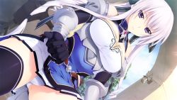 Rule 34 | 1girl, armor, bare shoulders, black gloves, black thighhighs, breasts, cameltoe, cleavage, cleavage cutout, clothing cutout, curvy, dutch angle, elbow gloves, female focus, frey knowles, game cg, gloves, greaves, iizuki tasuku, kneeling, large breasts, light purple hair, lips, long hair, looking at viewer, outstretched arm, panties, pantyshot, ponytail, purple eyes, seikishi melty lovers, sidelocks, solo, thighhighs, turtleneck, underwear, upskirt, vambraces, very long hair, wallpaper, white panties, wide hips