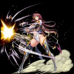 Rule 34 | 1girl, action taimanin, alpha transparency, blue eyes, breasts, brown hair, bullet casing, cleavage, cleavage cutout, clothing cutout, curvy, drum magazine, firing, full body, gatling gun, gun, highleg, highleg leotard, highres, kagami hirotaka, leotard, lilith-soft, long hair, looking at viewer, machine gun, magazine (weapon), medium machine gun, minigun, multiple-barrel firearm, muzzle clamp, official art, revealing clothes, rotary machine gun, shiny skin, simple background, solo, suou mikoto (action taimanin), taimanin (series), taimanin rpgx, thong leotard, transparent background, weapon, wide hips