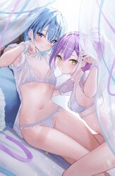 Rule 34 | 2girls, blue eyes, blue hair, bow, bow earrings, bra, breasts, camisole, closed mouth, curtains, earrings, highres, hololive, hoshimachi suisei, jewelry, long hair, medium breasts, multiple girls, navel, panties, ponytail, puffy short sleeves, puffy sleeves, purple hair, sanada keisui, short hair, short sleeves, small breasts, smile, star (symbol), star in eye, stomach, symbol in eye, tokoyami towa, underwear, underwear only, virtual youtuber, white bra, white panties, yellow eyes