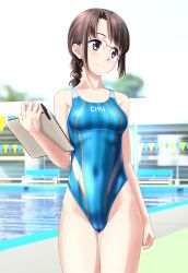 Rule 34 | 1girl, absurdres, aqua one-piece swimsuit, blue one-piece swimsuit, braid, braided ponytail, breasts, brown eyes, brown hair, cameltoe, clipboard, clothes writing, collarbone, competition swimsuit, covered navel, cowboy shot, day, glasses, groin, highleg, highleg swimsuit, highres, long hair, looking to the side, multicolored clothes, multicolored swimsuit, one-piece swimsuit, original, outdoors, pen, pool, single braid, small breasts, solo, standing, string of flags, striped clothes, striped one-piece swimsuit, swimsuit, takafumi