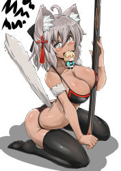 Rule 34 | 1girl, absurdres, ahoge, animal ears, arched back, bare shoulders, black bra, black panties, black thighhighs, blush, bra, breasts, calligraphy brush (medium), cat ears, cat tail, chibi, cleavage, commentary, dark-skinned female, dark skin, fate (series), full body, grey eyes, grey hair, hair ornament, highres, kemonomimi mode, kneeling, large breasts, looking at viewer, mouth hold, okita souji (fate), okita souji (koha-ace), okita souji alter (fate), okita souji alter (first ascension) (fate), panties, sheath, simple background, solo, tail, tail raised, tassel, thighhighs, underwear, underwear only, virusotaku, white background