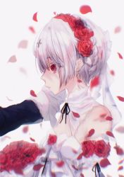 Rule 34 | 1girl, alternate costume, alternate hairstyle, bare shoulders, bridal veil, closed mouth, dress, flower, hand on another&#039;s face, hand on another&#039;s head, honkai (series), honkai impact 3rd, looking to the side, petals, red eyes, red flower, red rose, rose, simple background, solo, theresa apocalypse, theresa apocalypse (luna kindred), usurai rairai, veil, wedding dress, white background, white hair