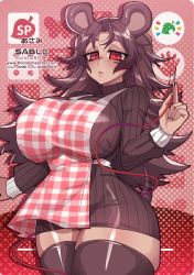 Rule 34 | 1girl, animal crossing, apron, breasts, brown hair, brown sweater, brown thighhighs, character name, checkered apron, checkered clothes, curvy, english text, eyebrows, freckles, handprint, hedgehog, hedgehog ears, hedgehog tail, highres, huge breasts, leaf, long hair, looking at viewer, needle, nintendo, osiimi, personification, red eyes, ribbed sweater, sable able (animal crossing), sewing needle, solo, sweater, tail, thick thighs, thighhighs, thighs, wide hips