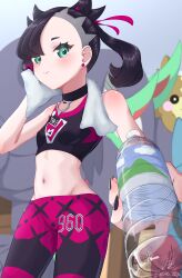 Rule 34 | 1girl, absurdres, asymmetrical bangs, black choker, black hair, black nails, bottle, breasts, choker, closed mouth, creatures (company), crop top, earrings, game freak, gen 4 pokemon, gen 8 pokemon, green eyes, grey background, grimmsnarl, hair ribbon, highres, holding, holding bottle, holding towel, incoming drink, jewelry, looking at viewer, marnie (pokemon), midriff, morpeko, morpeko (full), narita fuyu, navel, nintendo, pants, pokemon, pokemon (creature), pokemon swsh, ribbon, small breasts, solo focus, sports bra, stomach, stud earrings, tight clothes, tight pants, towel, toxicroak, twintails, undercut, water bottle