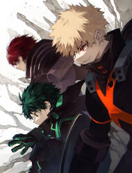 Rule 34 | 3boys, absurdres, alternate eye color, bakugou katsuki, black bodysuit, black gloves, blonde hair, blue eyes, bodysuit, boku no hero academia, burn scar, chromatic aberration, closed mouth, commentary request, container, covered mouth, dutch angle, floating hair, freckles, from side, gloves, green eyes, green gloves, green hair, hand up, highres, hood, hood down, hooded bodysuit, leaning forward, looking ahead, male focus, mask, mask around neck, midoriya izuku, mouth mask, multicolored hair, multiple boys, official alternate costume, open hand, orange eyes, outstretched hand, profile, red hair, rock, ryo (piggerworld), sanpaku, scar, scar on face, short hair, side-by-side, single horizontal stripe, smile, spiked hair, stone pillar, straight hair, todoroki shouto, two-tone hair, upper body, white background, white hair, x