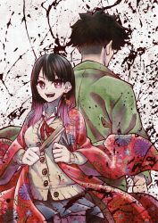 Rule 34 | 1boy, 1girl, :d, akane-banashi, artist request, back-to-back, black hair, earrings, father and daughter, floral print, gradient hair, green kimono, happy, highres, japanese clothes, jewelry, kimono, looking at viewer, medium hair, multicolored hair, open mouth, osaki akane (akane-banashi), osaki tohru, pink eyes, pink hair, school uniform, short hair, skirt, smile, source request, standing, two-tone hair