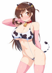 Rule 34 | 1girl, animal ears, animal print, arm behind back, bare shoulders, bell, belt collar, blush, braid, breasts, brown eyes, brown hair, cleavage, collar, collarbone, commentary request, cow ears, cow print, cow tail, cowbell, crown braid, ear tag, elbow gloves, fake animal ears, fake horns, gloves, hair flip, hairband, highres, horns, kanojo okarishimasu, kazuma (kazumav), large breasts, long hair, looking at viewer, mizuhara chizuru, navel, nose blush, pink gloves, pink thighhighs, print swimsuit, simple background, slingshot swimsuit, solo, sweat, swimsuit, tail, thighhighs, white background