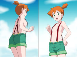 Rule 34 | 1girl, armpits, ass, asymmetrical hair, blush, breasts, creatures (company), denim, denim shorts, dimples of venus, game freak, gen 1 pokemon, green eyes, green shorts, highres, kakkii, legs, looking at another, looking at viewer, medium breasts, misty (pokemon), naked suspenders, navel, nintendo, orange hair, pokemon, pokemon (anime), pokemon (classic anime), ponytail, short shorts, shorts, side ponytail, smile, suspenders, sweat, sweatdrop, takaya n, thighs
