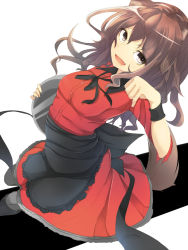 Rule 34 | 1girl, amai nekuta, animal ears, apron, bow, brown eyes, brown hair, fang, fernandia malvezzi, frilled apron, frills, looking at viewer, looking up, open mouth, paw pose, solo, strike witches, strike witches: kurenai no majo-tachi, tray, world witches series, wrist cuffs