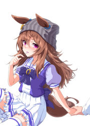 Rule 34 | 1girl, 1other, animal ears, blush, brown hair, candy, commentary request, ears through headwear, food, food in mouth, frilled skirt, frills, grey headwear, hand up, horse ears, horse girl, horse tail, kirimmitsu, lollipop, long hair, mouth hold, nakayama festa (umamusume), out of frame, pleated skirt, puffy short sleeves, puffy sleeves, purple shirt, school uniform, shirt, short sleeves, simple background, sitting, skirt, solo focus, striped clothes, striped headwear, tail, thighhighs, tracen school uniform, umamusume, vertical-striped clothes, vertical-striped headwear, very long hair, white background, white skirt, white thighhighs