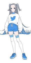 Rule 34 | 1girl, acubi tomaranai, arms at sides, blue eyes, blue footwear, blue shorts, closed mouth, full body, gradient hair, grey hair, greyscale, hair intakes, highres, long hair, looking at viewer, monochrome, multicolored hair, nike (company), original, shirt, shoes, shorts, simple background, sleeves past wrists, sneakers, solo, standing, thighhighs, turtleneck, twitter, twitter logo, two side up, white background, white shirt, white thighhighs