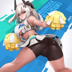 Rule 34 | 1girl, arknights, artist name, ass, bare shoulders, bike shorts, bike shorts under skirt, black shorts, blue archive, blue background, breasts, character name, cosplay, crop top, crop top overhang, flying sweatdrops, from behind, grey hair, highres, holding, horns, large breasts, long hair, looking at viewer, looking back, material growth, millennium cheerleader outfit (blue archive), miniskirt, mudrock (arknights), nephlite, open mouth, oripathy lesion (arknights), pointy ears, pom pom (cheerleading), red eyes, romaji text, shorts, skirt, sleeveless, solo, standing, two-tone background, underboob, white background, white skirt