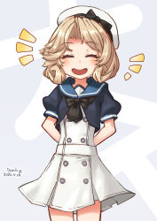 Rule 34 | 1girl, arms behind back, blonde hair, blue sailor collar, blush, closed eyes, dated, dress, facing viewer, hat, highres, izumikuma, janus (kancolle), kantai collection, one-hour drawing challenge, open mouth, sailor collar, sailor dress, sailor hat, short hair, short sleeves, simple background, solo, text background, twitter username, white dress, white hat