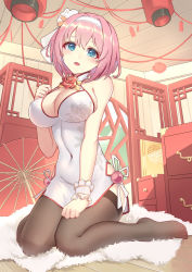 Rule 34 | 1girl, black thighhighs, blue eyes, breasts, brown thighhighs, china dress, chinese clothes, cleavage, cleavage cutout, clothing cutout, dress, full body, hair between eyes, hairband, highres, indoors, large breasts, looking at viewer, oil-paper umbrella, pelvic curtain, pink hair, princess connect!, side slit, sitting, solo, thighhighs, yui (princess connect!)