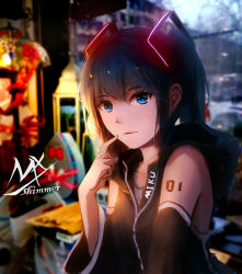 Rule 34 | backlighting, black shirt, blouse, blue eyes, blue hair, blurry, character name, day, depth of field, glowing, hatsune miku, highres, indoors, long hair, outdoors, shimmer, shirt, sleeveless, sleeveless shirt, solo, vocaloid