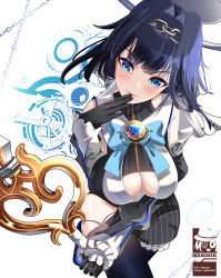 Rule 34 | 1girl, analog clock, artist logo, artist name, black dress, black gloves, black thighhighs, blue bow, blue bowtie, blue eyes, blue hair, blush, bow, bowtie, breasts, brooch, center opening, chain, cleavage, clock, closed mouth, commentary, cowboy shot, crossed legs, detached sleeves, dress, english commentary, gears, gloves, groin, hair ornament, hand to own mouth, highres, holding, holding weapon, hololive, hololive english, jewelry, leaning forward, lips, looking at viewer, maridix, medium breasts, ouro kronii, ouro kronii (1st costume), short dress, short hair, simple background, smile, solo, striped clothes, striped dress, thighhighs, thighs, vertical-striped clothes, vertical-striped dress, virtual youtuber, watson cross, weapon, white background, zipper