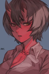 Rule 34 | 1girl, black hair, blue background, breasts, cleavage, collared shirt, colored skin, grey shirt, kidouko (zakusi), large breasts, looking at viewer, oni, original, parted lips, red oni, red skin, shirt, short hair, signature, simple background, slit pupils, white background, wing collar, yellow eyes, zakusi