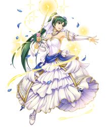 Rule 34 | 1girl, armpits, bare shoulders, bouquet, breasts, bridal gauntlets, bridal veil, bride, candle, detached collar, dress, earrings, energy, female focus, fire, fire emblem, fire emblem: the blazing blade, fire emblem heroes, fire, flower, full body, green eyes, green hair, hair flower, hair ornament, high ponytail, highres, holding, jewelry, long hair, looking away, lyn (bridal) (fire emblem), lyn (fire emblem), magic, matching hair/eyes, medium breasts, necklace, nintendo, official alternate costume, official art, petals, ponytail, smile, solo, sparkle, strapless, strapless dress, transparent background, veil, very long hair, weapon, wedding, wedding dress, white dress, white footwear, yamada koutarou