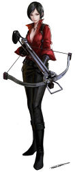 Rule 34 | 1girl, absurdres, ada wong, black eyes, black gloves, black hair, boots, bow (weapon), crossbow, derivative work, frostce, full body, gloves, highres, holster, jewelry, lips, necklace, resident evil, resident evil 6, short hair, signature, simple background, solo, swept bangs, unbuttoned, weapon, white background