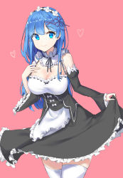 Rule 34 | 10s, 1girl, :d, absurdres, alternate hair length, alternate hairstyle, bad id, bad pixiv id, blue eyes, blue hair, blush, breasts, cleavage, closed mouth, clothes lift, cowboy shot, detached sleeves, dress, frilled sleeves, frills, hair ornament, heart, highres, kir (khw66136132), large breasts, lifted by self, long hair, long sleeves, looking at viewer, maid, open mouth, pink background, re:zero kara hajimeru isekai seikatsu, rem (re:zero), ribbon-trimmed clothes, ribbon-trimmed sleeves, ribbon trim, skirt, skirt lift, smile, solo, thighhighs, very long hair, white thighhighs, wide sleeves, x hair ornament
