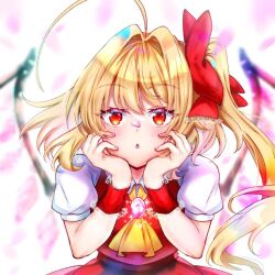 Rule 34 | 1girl, ascot, blonde hair, blurry, blurry background, blush, commentary request, flandre scarlet, hands up, parted lips, puffy short sleeves, puffy sleeves, red eyes, sakuramiya nya, shirt, short sleeves, side ponytail, solo, touhou, upper body, white shirt, yellow ascot