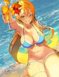 Rule 34 | 1girl, arm up, armpits, barefoot, bikini, breasts, cleavage, drink, flower, food, fruit, grin, hair flower, hair ornament, holding, holding drink, large breasts, long hair, looking at viewer, mandarin orange, midriff, nami (one piece), navel, ocean, one piece, orange eyes, orange hair, outstretched arm, runa (nori31291404), sand, seiza, shoulder tattoo, sitting, smile, solo, stomach, swimsuit, tan, tanline, tattoo, thighs, wakamezake
