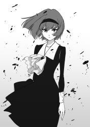 Rule 34 | 1girl, arm at side, ascot, blunt ends, brooch, closed mouth, collarbone, collared dress, cowboy shot, debris, dress, floating hair, greyscale, hair between eyes, hairband, highres, jewelry, long sleeves, looking at viewer, monochrome, r dorothy wayneright, serious, short hair, sleeve cuffs, solo, standing, sunomono, the big o, wind, wing collar