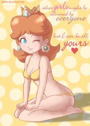Rule 34 | 1girl, blue eyes, breasts, brown hair, cleavage, earrings, full body, heart, highres, jewelry, lips, looking at viewer, mario (series), nintendo, one eye closed, princess daisy, r3dfive, super mario bros. 1, super mario land, thick thighs, thighs, tomboy, wink