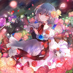 Rule 34 | 1girl, blue flower, blue hair, blue rose, closed eyes, collarbone, commentary request, dress, falling petals, flower, frilled dress, frills, holding, holding flower, kazu (muchuukai), light smile, long sleeves, looking at viewer, neck ribbon, no headwear, petals, puffy long sleeves, puffy sleeves, purple flower, purple rose, red eyes, red flower, red ribbon, red rose, remilia scarlet, ribbon, rose, sash, short hair, smile, solo, standing, touhou, white dress, yellow flower, yellow rose