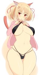 Rule 34 | 1girl, animal ears, bikini, black bikini, blonde hair, blush, breasts, cat ears, cat tail, collarbone, covered erect nipples, criss-cross halter, fingers together, hair ornament, hair ribbon, hairclip, halterneck, large breasts, navel, noeomi, open clothes, open mouth, open shirt, original, pink shirt, red eyes, ribbon, shirt, short hair, simple background, sling bikini top, solo, swimsuit, tail, twintails
