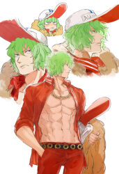 Rule 34 | 1boy, abs, baseball cap, brown coat, chain necklace, clothes writing, coat, cowboy shot, green hair, hand in pocket, hat, highres, holding, holding clothes, holding coat, jacket, jewelry, male focus, medium hair, mocchi (mkz), muscular, muscular male, necklace, nipples, one piece, open clothes, pants, prince grus, profile, purple eyes, red jacket, red pants, serious, unworn headwear, variations, white background