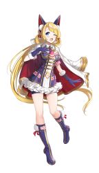 Rule 34 | alternate costume, bike shorts, blonde hair, blue eyes, boots, breasts, formation girls, full body, gloves, highres, jacket, long hair, medal, military, military jacket, military uniform, necktie, official art, one eye closed, open mouth, solo, transparent background, uniform, very long hair