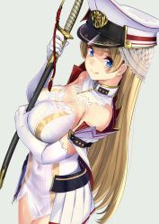 Rule 34 | 1girl, akasaai, bad id, bad twitter id, bare shoulders, blonde hair, blue eyes, blush, breasts, character request, cleavage, copyright request, detached collar, elbow gloves, gloves, hat, highres, holding, large breasts, long hair, looking at viewer, peaked cap, see-through, sheath, sheathed, simple background, smile, solo, sword, veil, weapon, white gloves