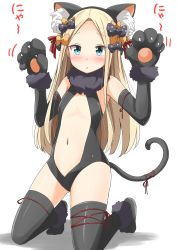 Rule 34 | 1girl, abigail williams (fate), absurdres, aikawa ryou, animal ear fluff, animal ears, animal hands, bare shoulders, black bow, black sleeves, black thighhighs, blonde hair, blue eyes, bow, cat ears, cat girl, cat paws, cat tail, commentary request, cosplay, dot nose, fate/grand order, fate/kaleid liner prisma illya, fate (series), flat chest, full body, fur collar, fur trim, hair bow, highres, illyasviel von einzbern, illyasviel von einzbern (cosplay), kneeling, long hair, looking at viewer, multiple hair bows, navel, official alternate costume, orange bow, parted bangs, polka dot, polka dot bow, revealing clothes, sleeveless, solo, tail, thighhighs, translation request
