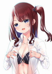 Rule 34 | 1girl, black bra, blue eyes, bow, bow bra, bra, breasts, brown hair, cleavage, collared shirt, commentary request, directional arrow hair ornament, dress shirt, fang, frilled bra, frills, grey background, hands up, head tilt, highres, long sleeves, looking at viewer, medium breasts, navel, one side up, open clothes, open mouth, open shirt, original, shirt, simple background, solo, underwear, white shirt, zhai mu q
