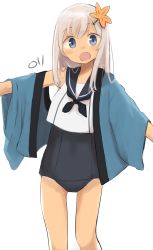 Rule 34 | 1girl, absurdres, black one-piece swimsuit, black sailor collar, blonde hair, blue eyes, feet out of frame, hair between eyes, happi, highres, japanese clothes, kantai collection, long hair, ma rukan, one-piece swimsuit, open mouth, ro-500 (kancolle), sailor collar, sailor shirt, school swimsuit, shirt, signature, simple background, sleeveless, sleeveless shirt, smile, solo, swimsuit, swimsuit under clothes, white background, white shirt