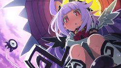 Rule 34 | absurdres, ahoge, angel wings, game cg, highres, horns, huge ahoge, looking at viewer, makai shin trillion, nanameda kei, official art, pink hair, pointy ears, red eyes, ruche, solo, squatting, tail, wings