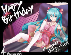 Rule 34 | 1girl, aqua eyes, aqua hair, bad id, bad pixiv id, character name, detached sleeves, english text, hatsune miku, japanese clothes, konisa, long hair, reclined, reclining, smile, solo, thighhighs, twintails, very long hair, vocaloid