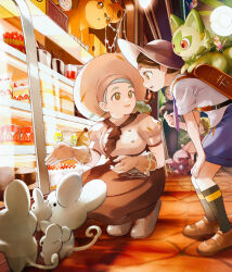 Rule 34 | 4girls, apron, backpack, bag, breasts, brown apron, brown bag, brown footwear, brown hair, brown skirt, child, commentary request, creatures (company), game freak, gen 2 pokemon, glass, gloves, green hair, grey footwear, hand on own knee, hat, highres, juliana (pokemon), katy (pokemon), maushold, maushold (family of four), medium breasts, multiple girls, nintendo, open mouth, orange mikan, pokemon, pokemon (creature), pokemon sv, puffy sleeves, shirt, shoes, short sleeves, shorts, skirt, smile, socks, sprigatito, squatting, teddiursa, tinkatink, waist apron