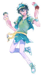 Rule 34 | 1boy, absurdres, aqua eyes, blush, bow, bracelet, commentary request, ensemble stars!, facing viewer, full body, green hair, hair between eyes, heterochromia, highres, holding food, holding ice cream, ice cream, itsuki shu, jewelry, kagehira mika, necklace, open mouth, pants, pink hair, purple eyes, shoelaces, short hair, simple background, solo, teeth, upper teeth only, vest, wednesday 108, white background, white pants, wristband, yellow bow, yellow eyes