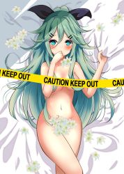 Rule 34 | 10s, 1girl, amagami (makise tsubaki), bad id, bad pixiv id, bed sheet, black ribbon, blush, caution, caution tape, censored, convenient censoring, covered mouth, flower, green eyes, green hair, hair between eyes, hair ornament, hair over breasts, hair ribbon, hairclip, highres, kantai collection, keep out, crossed legs, long hair, looking at viewer, lying, matching hair/eyes, messy hair, navel, censored nipples, nude, on back, ponytail, ribbon, sheet grab, sidelocks, solo, tape, tape censor, very long hair, yamakaze (kancolle)